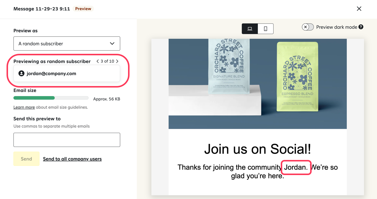 Previewing as a random subscriber on the email preview page with the preview showing the selected subscriber’s first name where the 'subscriber.firstName' variable appears in the body of the email.