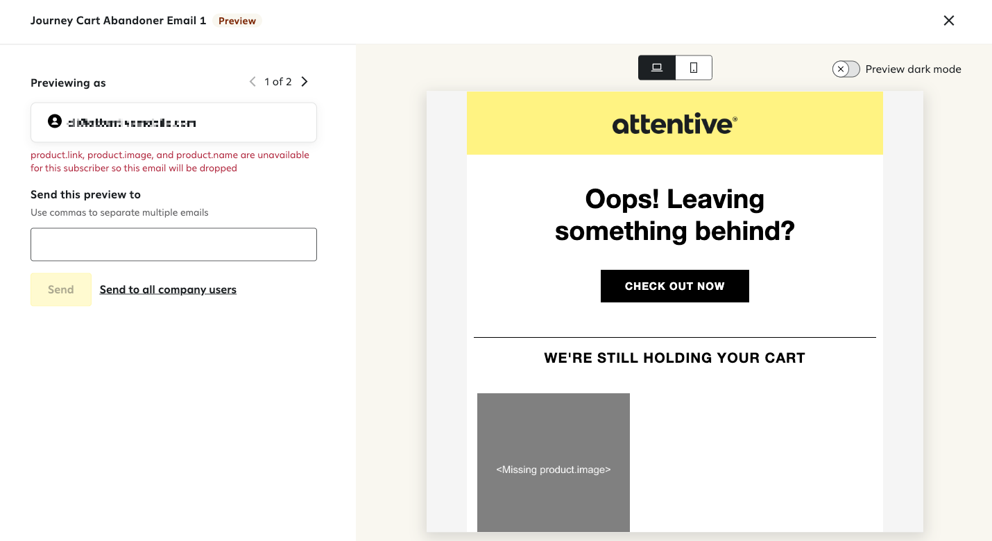 Email preview showing subscriber missing product data.