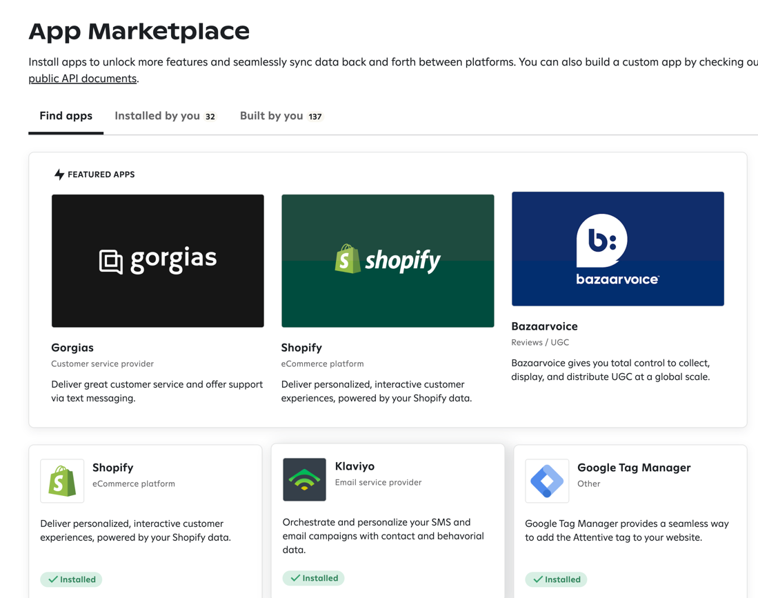 The App Marketplace tab at a client showing Klaviyo as an installed app.