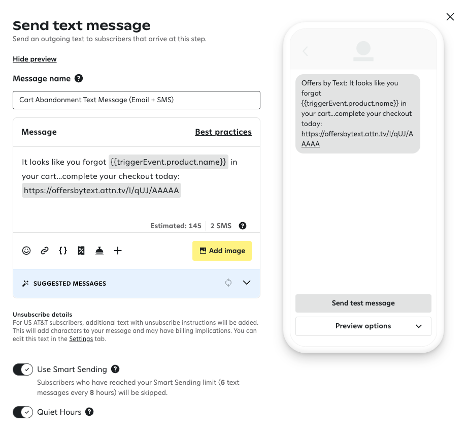 A cart abandonment text message that includes the triggerevent.product.name variable.