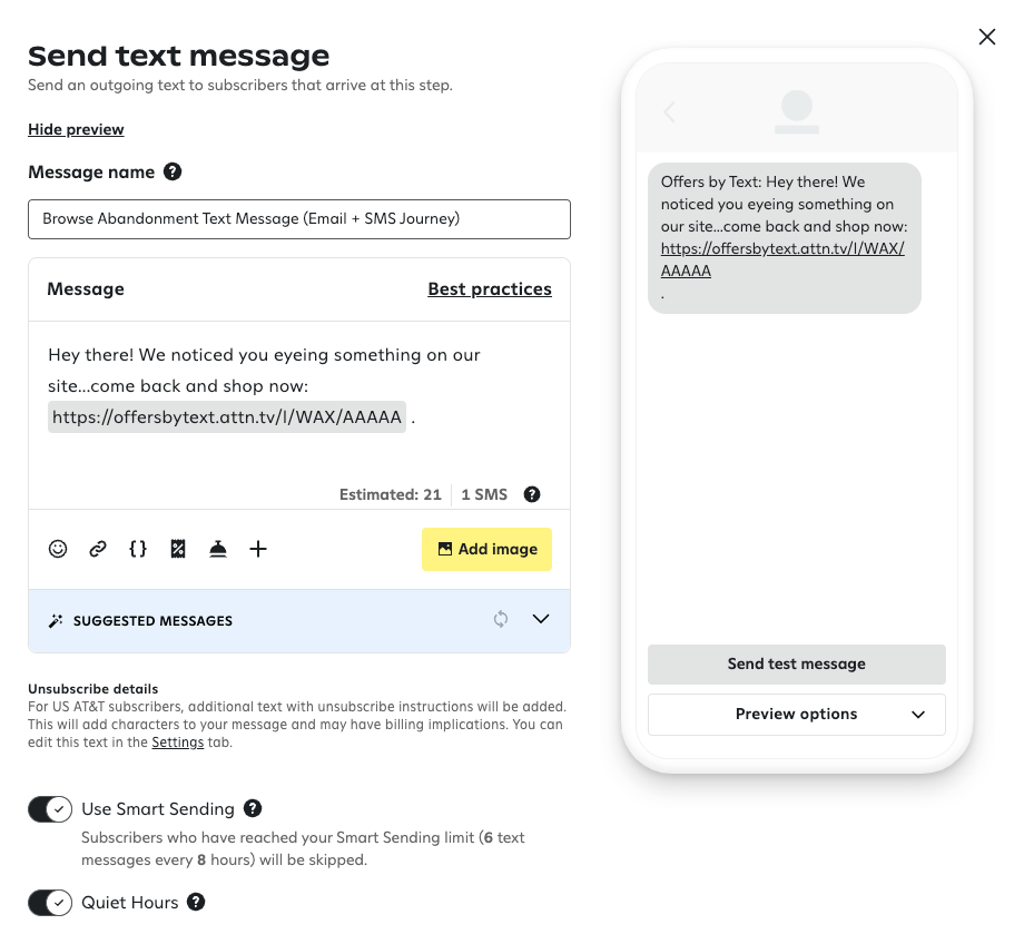 Composing a browse abandonment text message with a link back to a product page.