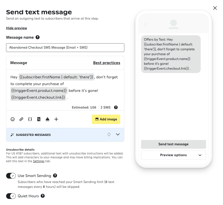 Composing a checkout abandonment text message that includes the product name and a link to the checkout page.