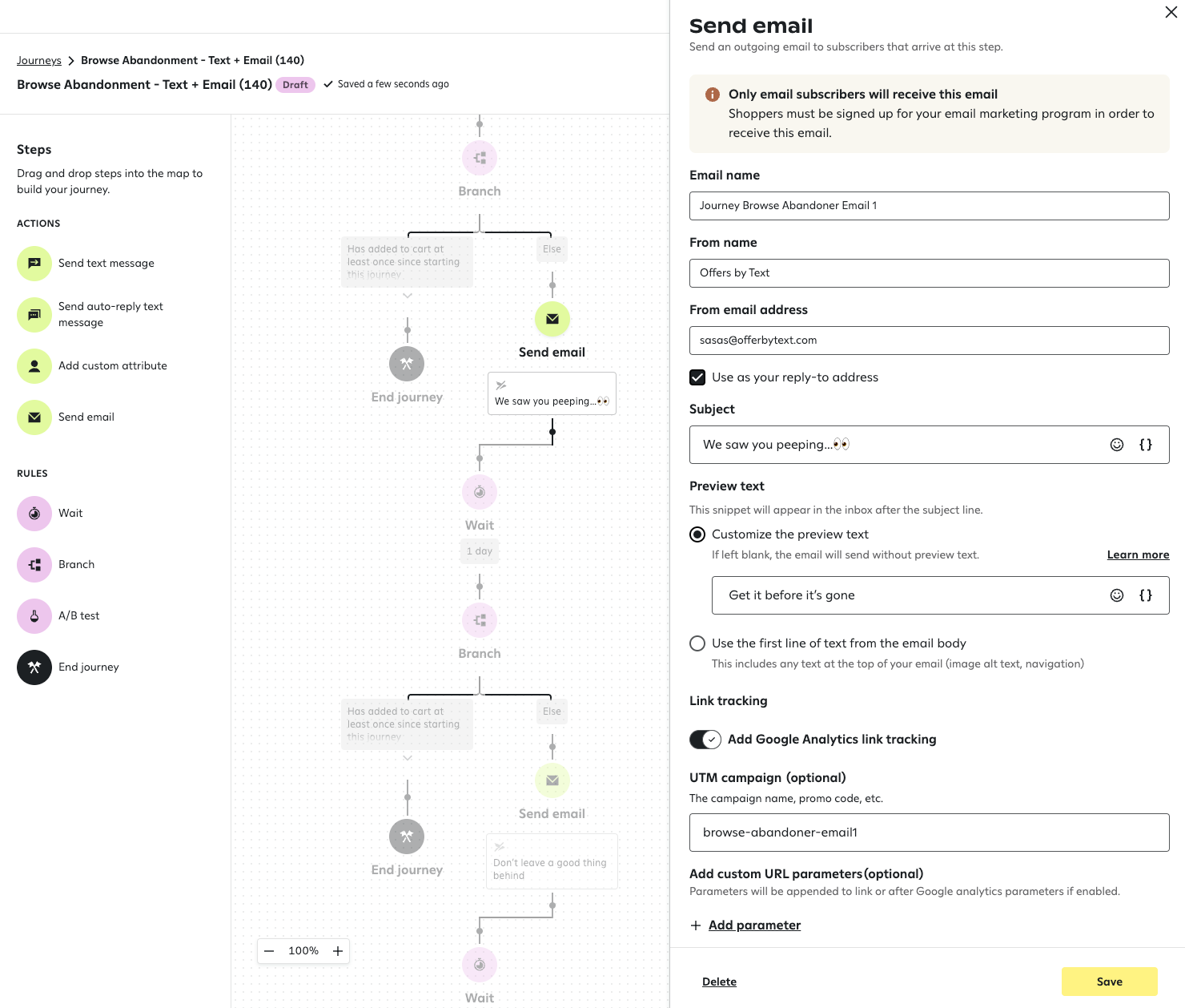 The email pane for a selected Send email step in a Browse abandonment email journey.