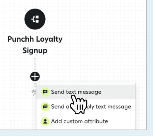 Clicking the dot below the Punchh Loyalty Signup trigger and clicking Send text message.