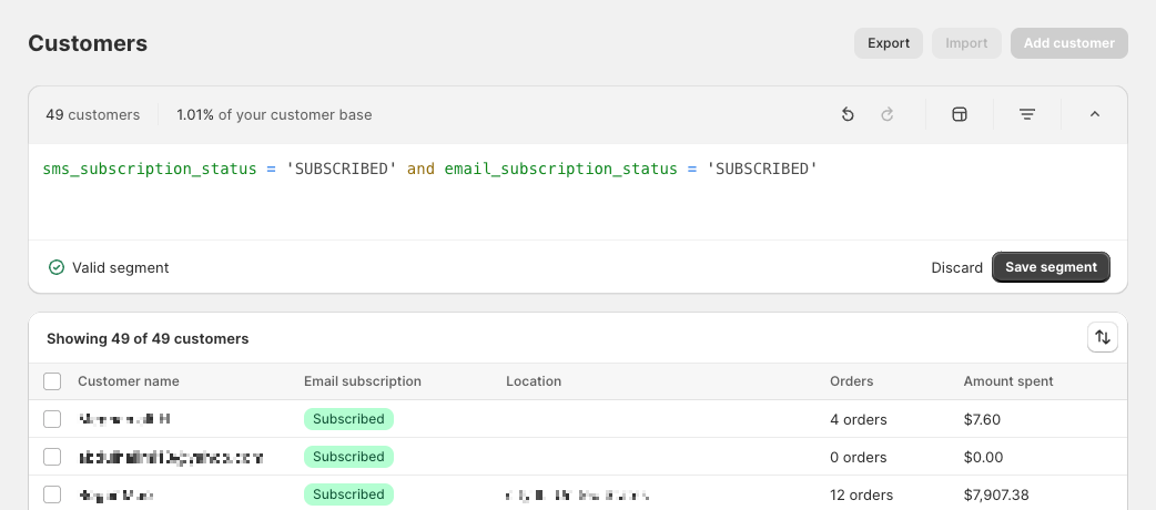 Filtering for customers in Shopify who are subscribed to both SMS and email.