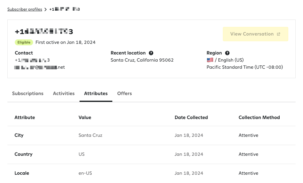 Viewing the attributes tab of a subscriber's full profile.