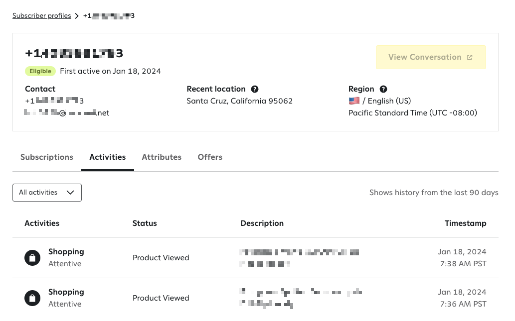 Viewing the activities tab of a subscriber's full profile.