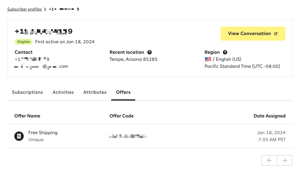 Viewing the offers tab of a subscriber's full profile.