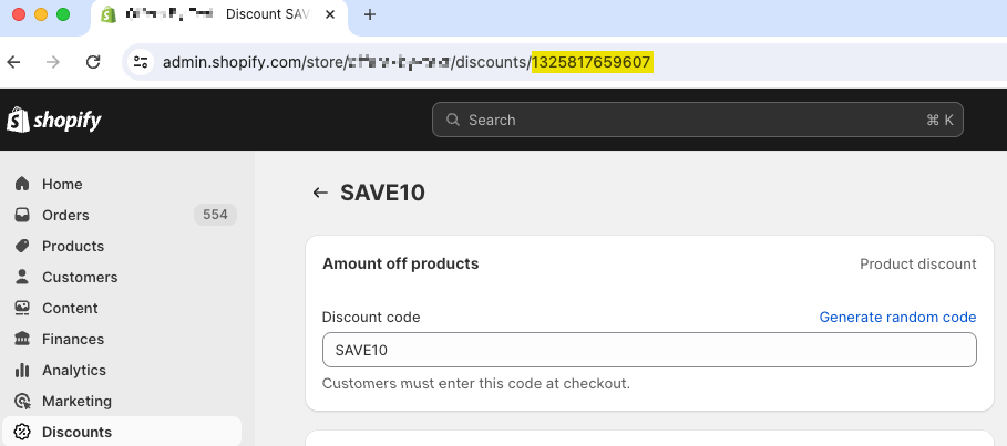 The external ID highlighted in the URL of a discount in Shopify.