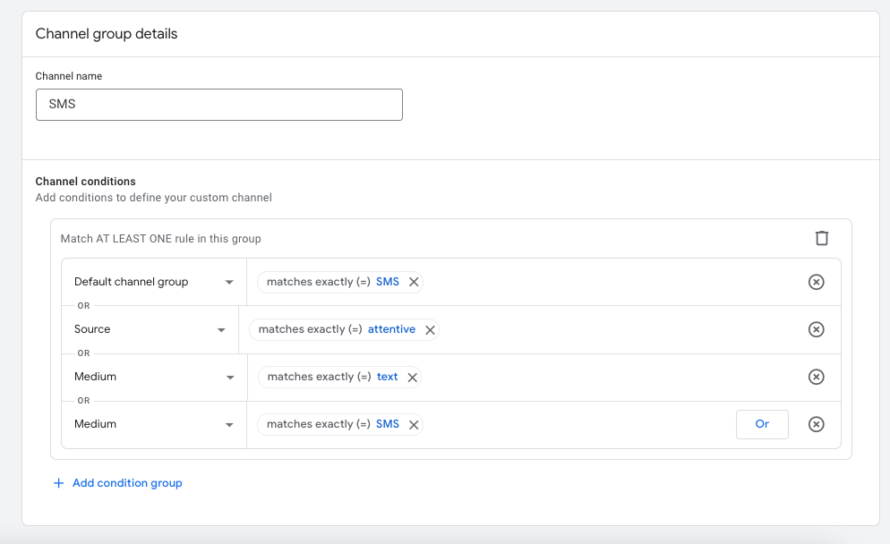 Channel groupings in GA4 that reflect both text and sms for the first month of the transition to streamline reporting.