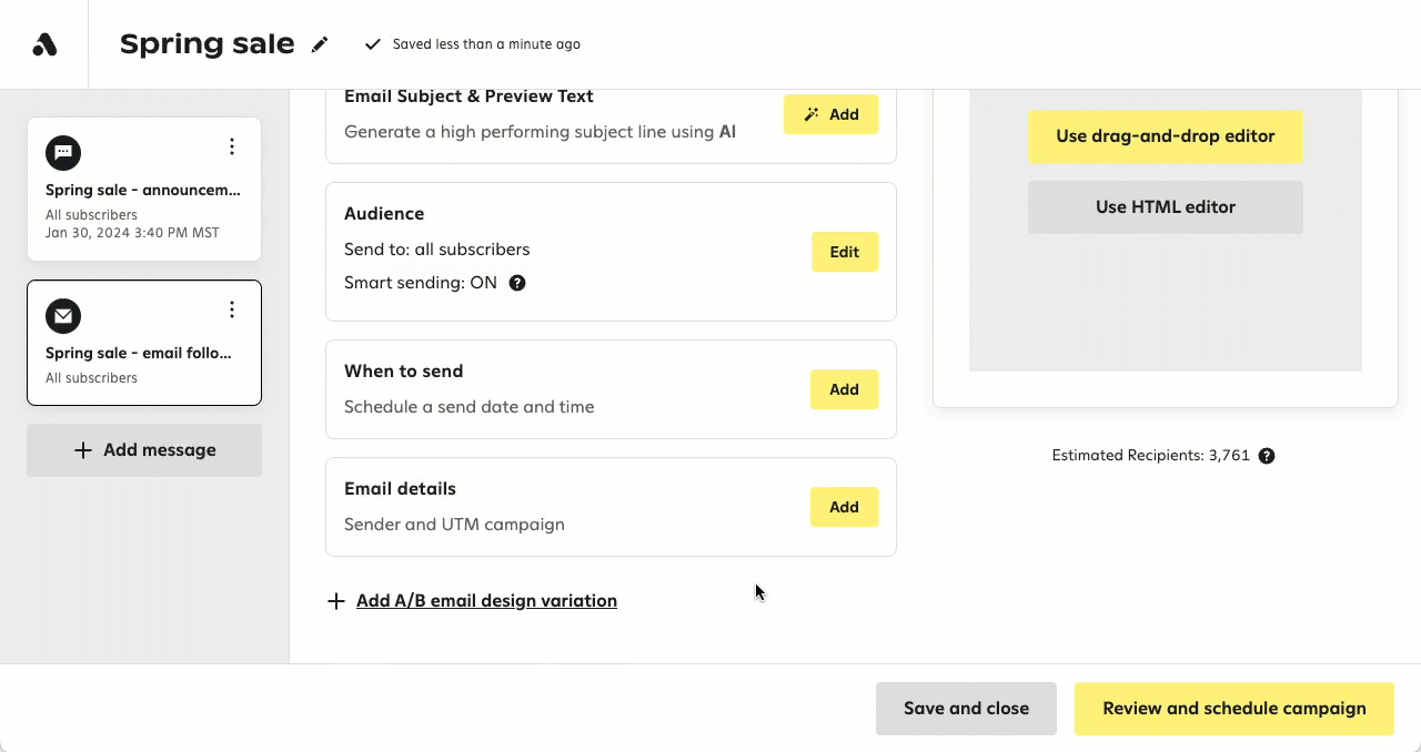 Animation showing creation of a link tracking parameter for an email message for a seasonal campaign.
