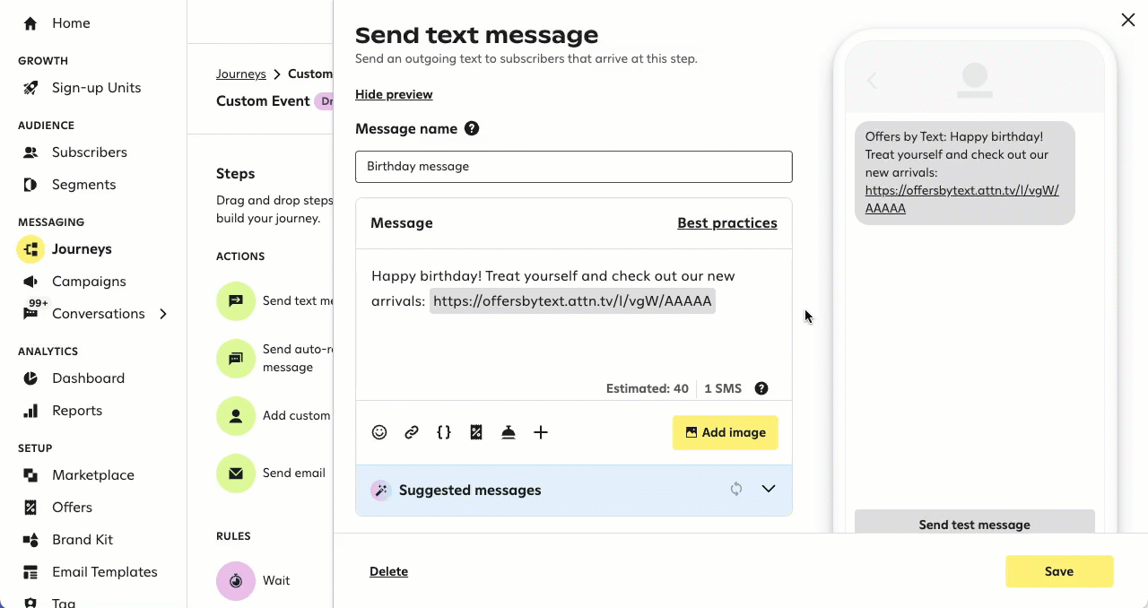 Clicking + below the message composer, then clicking Select next
    to Dynamic product image to add the dynamic image to the text message.