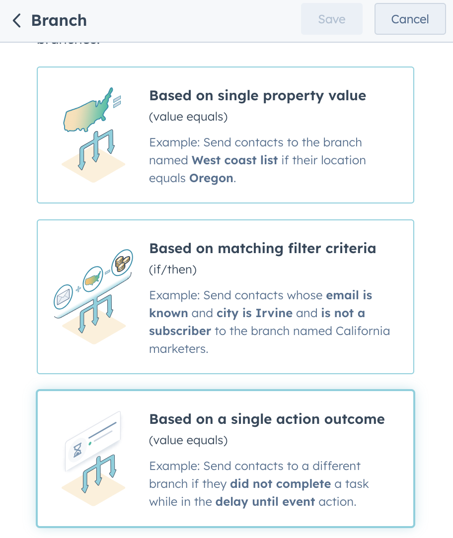 The ‘Based on a single action outcome’ branch logic option
        in HubSpot.