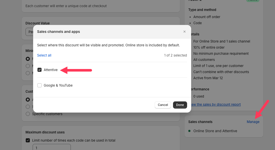 Selecting Attentive as the sales channel in Shopify.