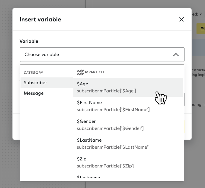 Selecting the 'Age' attribute from mParticle as a variable in the 'Insert variable' window.