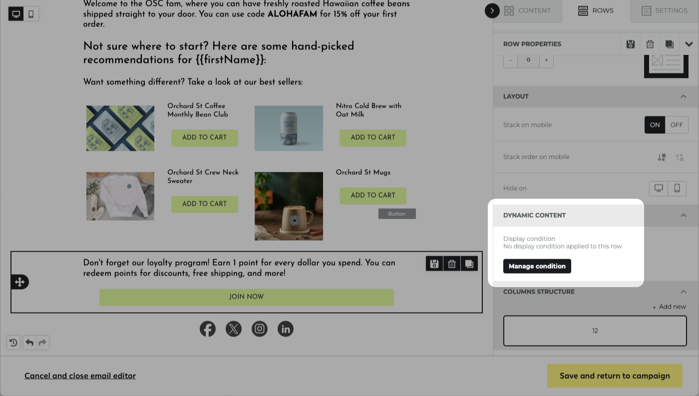 The highlighted ‘Dynamic content’ section in the ‘ROWS’ panel in the Attentive email editor.