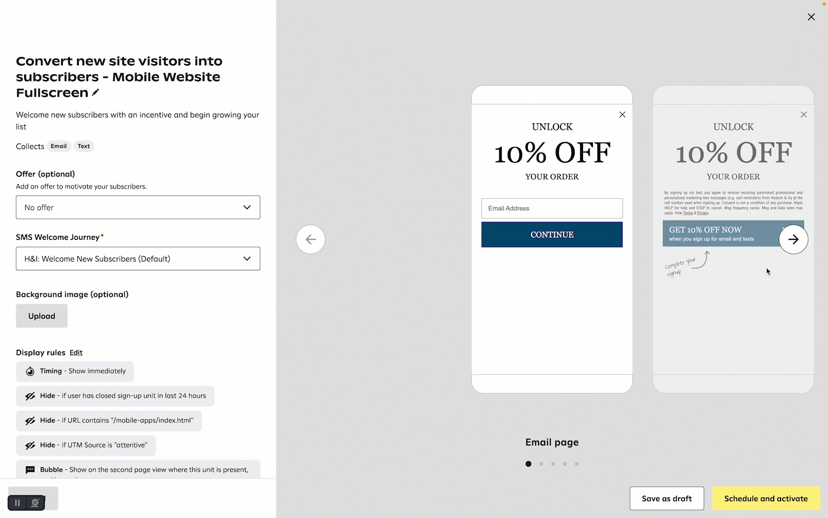 Animation showing a user removing the Bubble from a sign-up unit in the Attentive UI.
