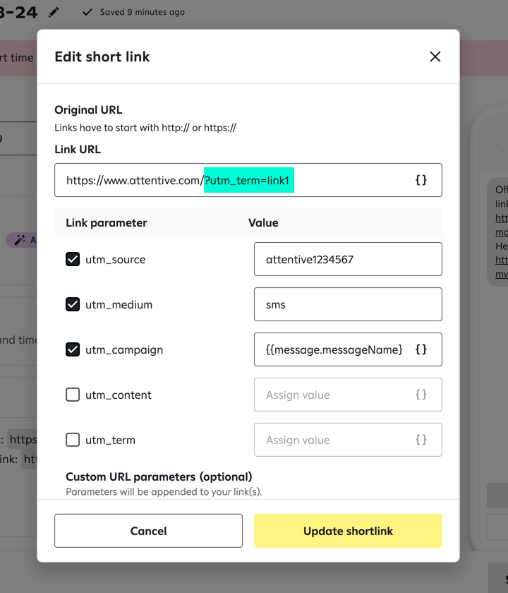 The ‘Edit short link’ window for a link in a campaign text message
  with a manually added link tracking parameter added to the URL and highlighted
  in the ‘Link URL’ field.