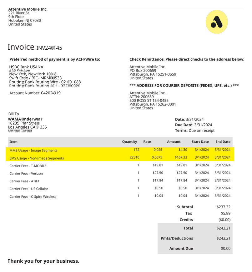 An invoice from Attentive with MMS - Usage Image Segments and SMS Usage - Non-Image segments highlighted with amounts matching the Billable Spend report in the image below.