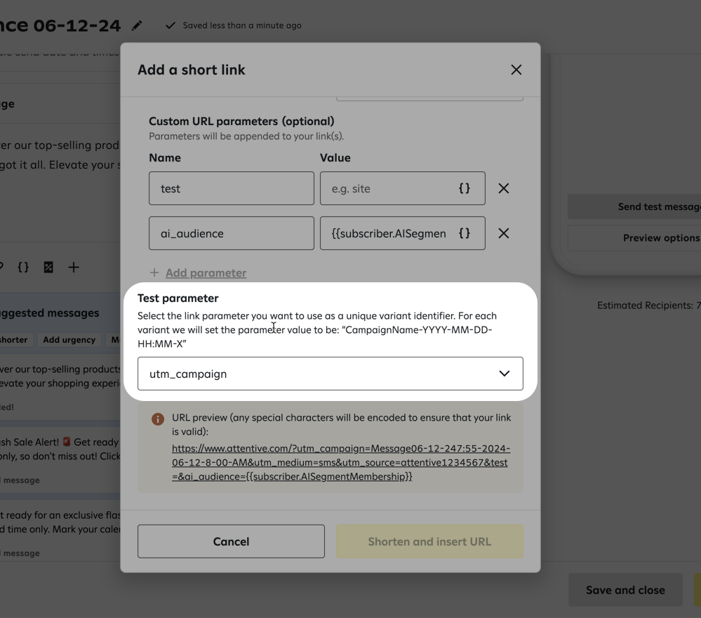 Add a short link’ window with custom URL parameters, highlighting the ‘Test parameter’ dropdown with utm-campaign selected.