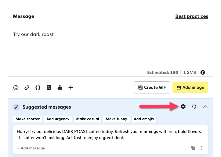 The settings icon, which opens Brand Voice AI settings, in the ‘Suggested messages’ panel that appears when you compose a campaign or journey text message.