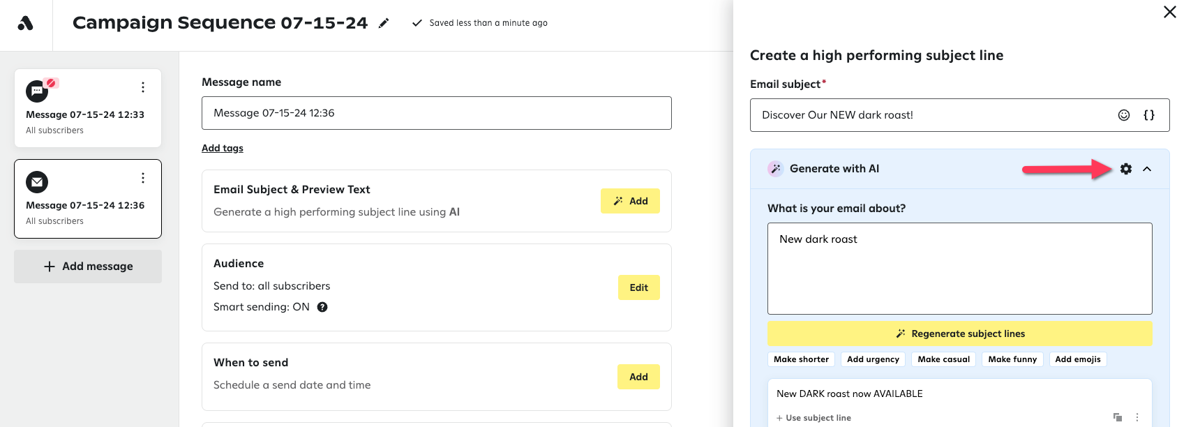 The settings icon, which opens Brand Voice AI settings, in the ‘Generate with AI’ panel that appears when you set up an email subject link.