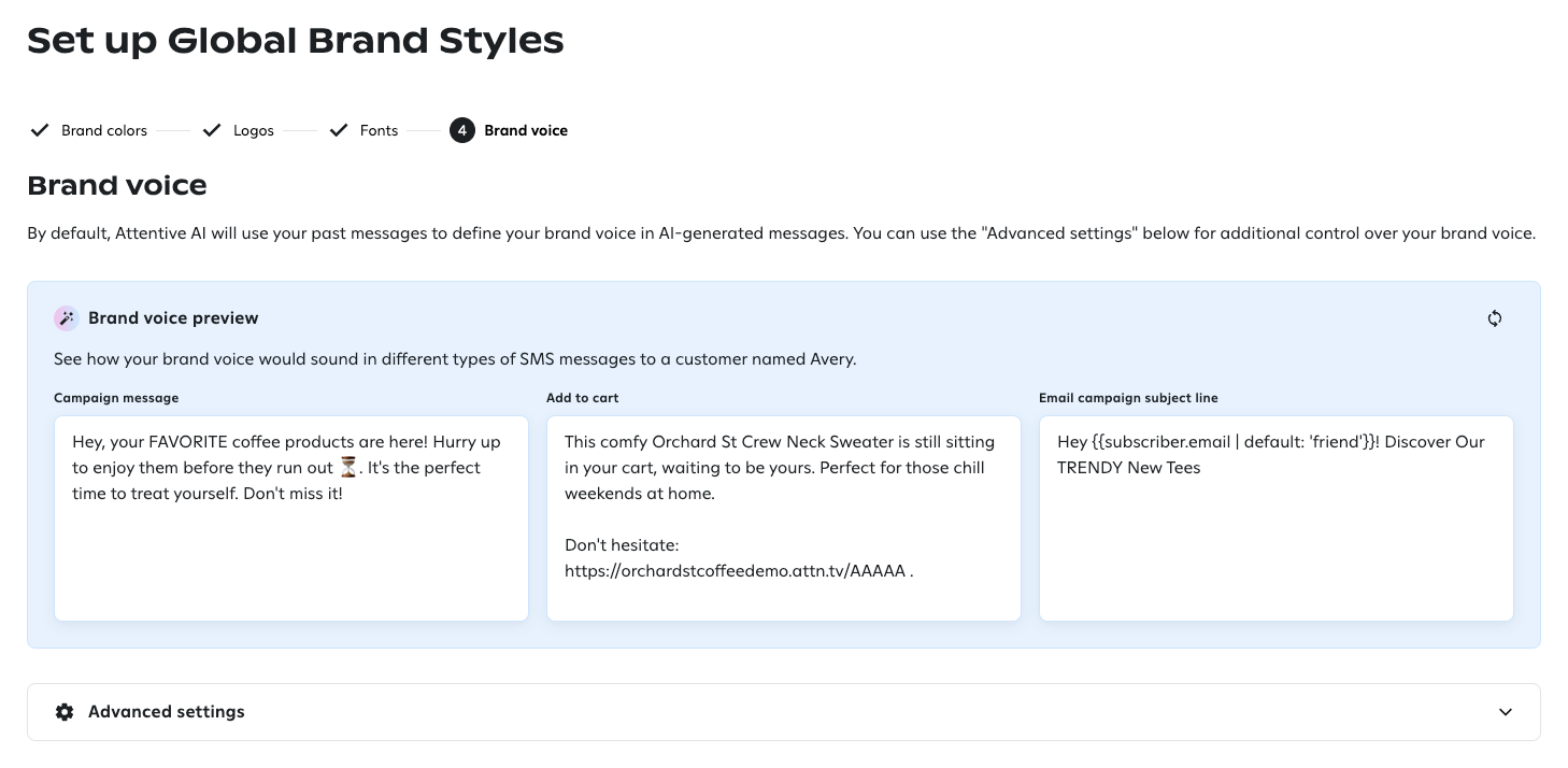 Brand voice page with previews of welcome, abandoned cart, and
    site visitor messages written by Brand Voice AI for a brand that sells coffee.