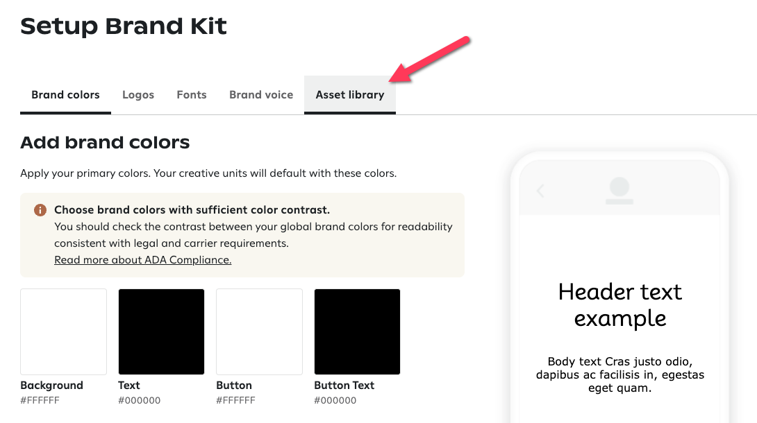 The ‘Asset library’ tab on the ‘Setup brand kit’ page in the Attentive
  platform.