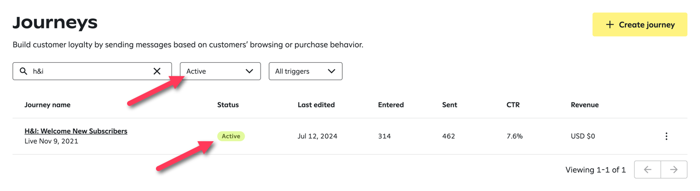 An active journey on the Journeys page with arrows pointing to the 'Active' option in the filter dropdown and the 'Active' status of an individual journey in the list.