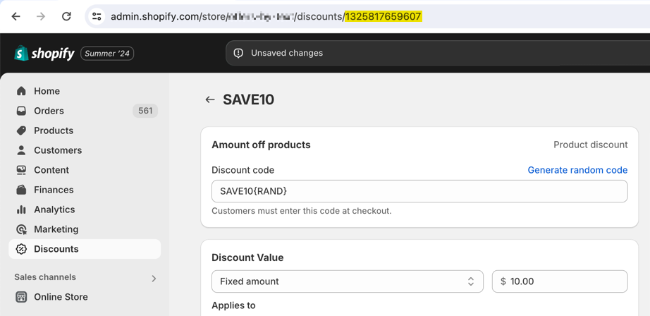 The external ID highlighted in the URL of a discount in Shopify.