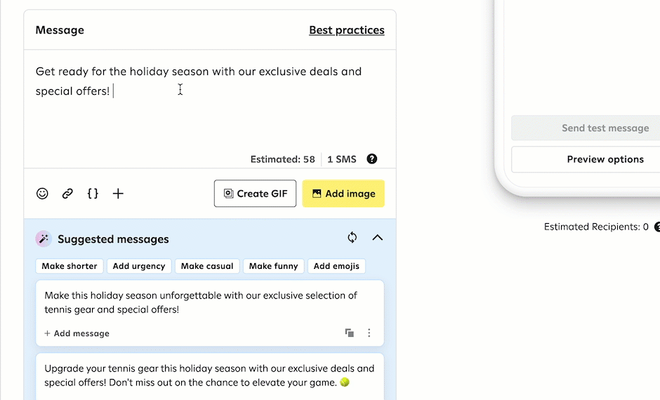 Clicking the ‘Add personalization’ button for a text message, selecting the {{offer.link}} variable, and attaching an offer.