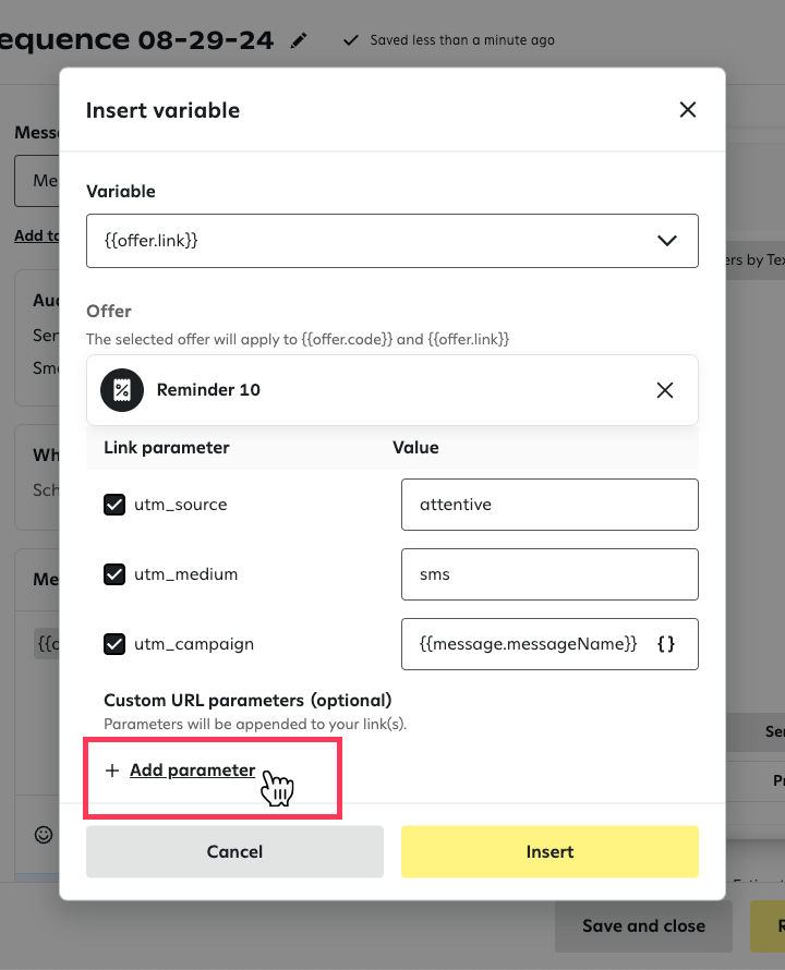 The option to ‘Add parameter’ in the ‘Insert variable’ window for the offer link variable.