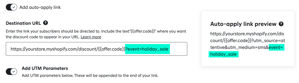A custom 'event=holiday_sale' tracking parameter added to the end of the offer's 'Destination URL'.