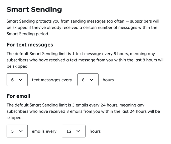 Setting up Smart Sending settings in Attentive, with options to limit text messages and emails sent within specified time periods.