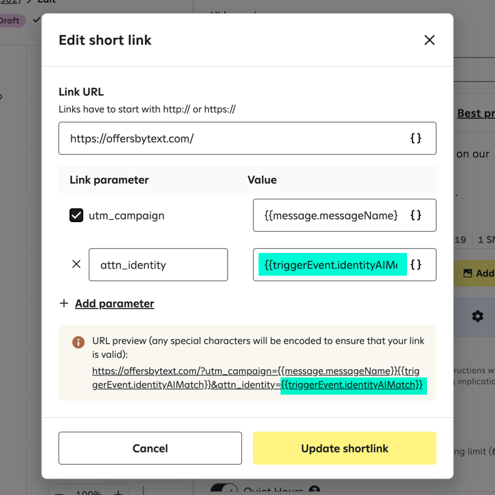 Attentive UI showing short link setup with {{triggerEvent.identityAIMatch}} added to the attn_identity parameter and other tracking parameters like utm_campaign.