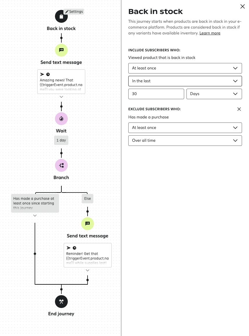 A basic back in stock journey in the Attentive journey builder.