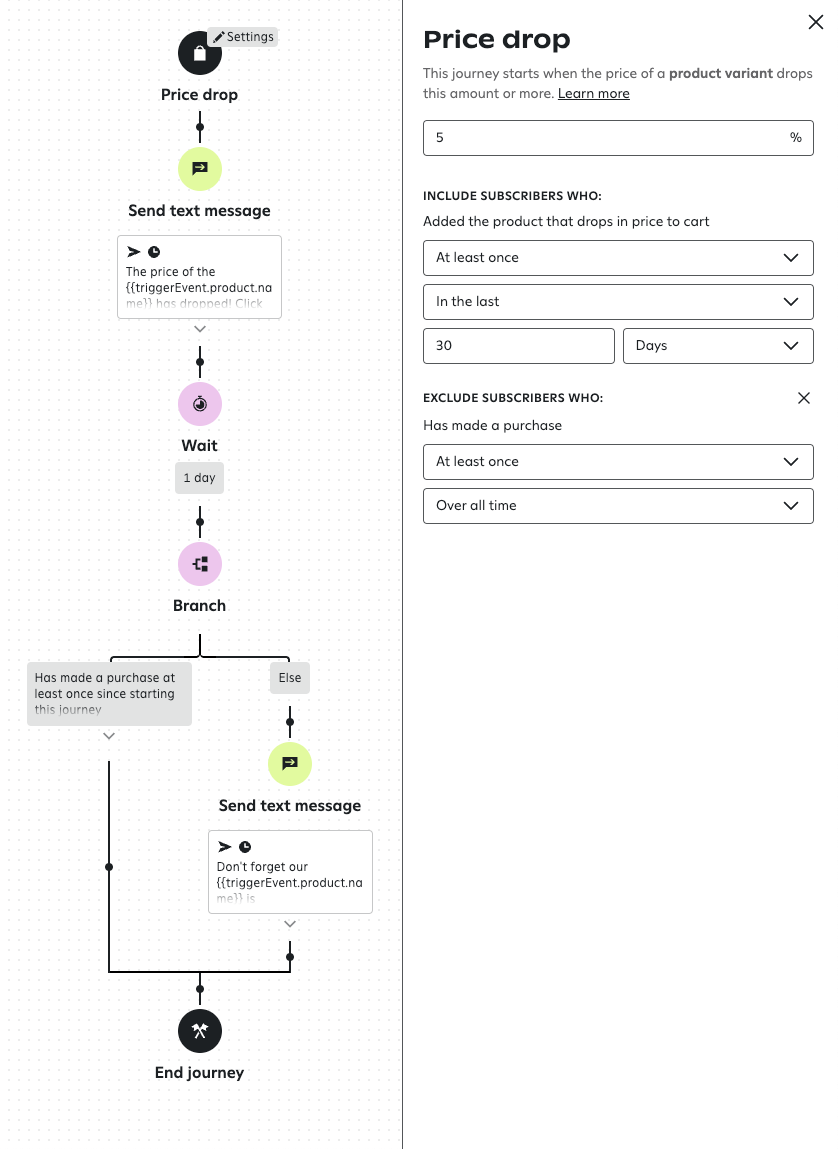A basic price drop journey in the Attentive journey builder.