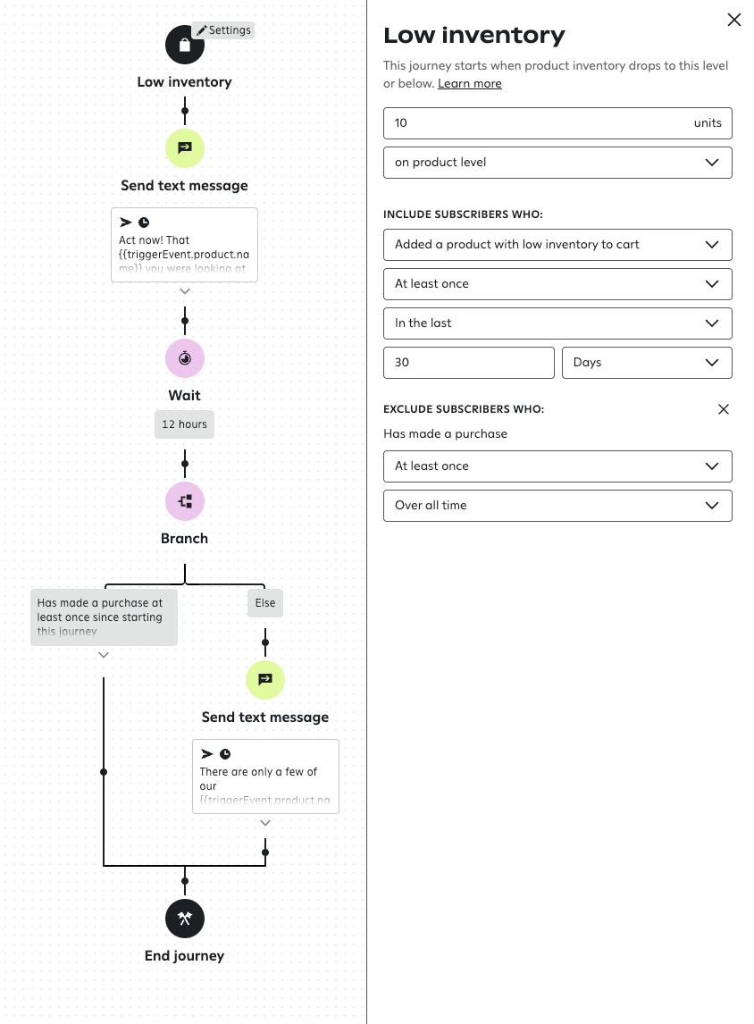 A basic low inventory journey in the Attentive journey builder.
