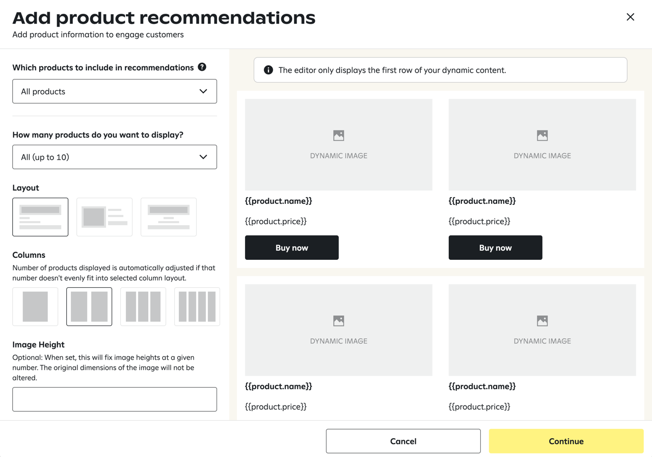 User view of the 'Add product recommendations' editor with default options selected.