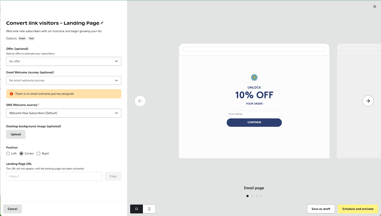 Landing page setup with 10% off offer.