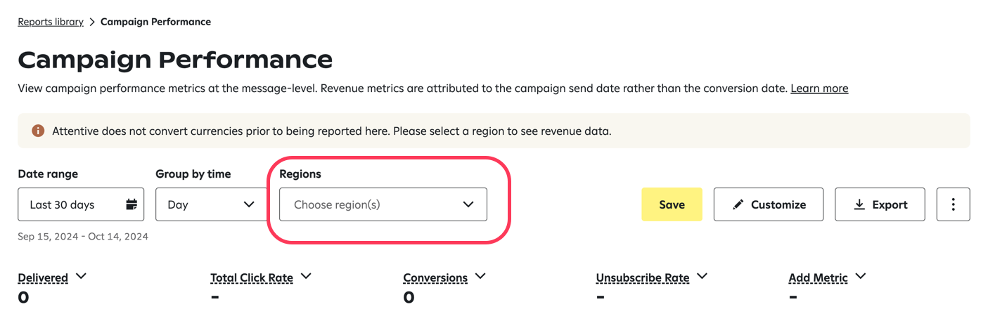 'Region' dropdown for Campaign Performance report highlighted with a red circle.