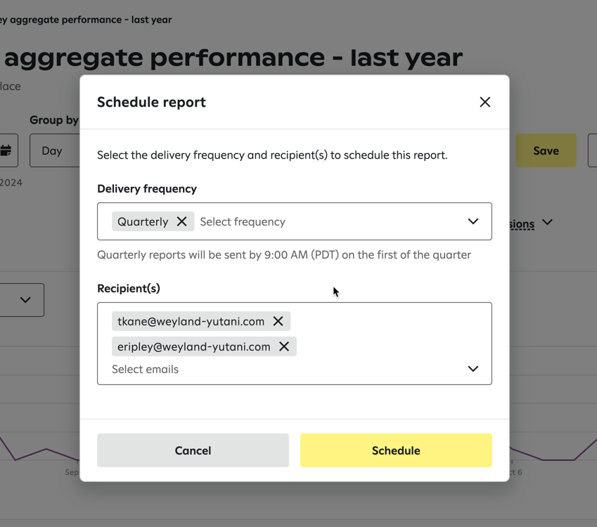 Selecting delivery frequency and recipients in the popup.