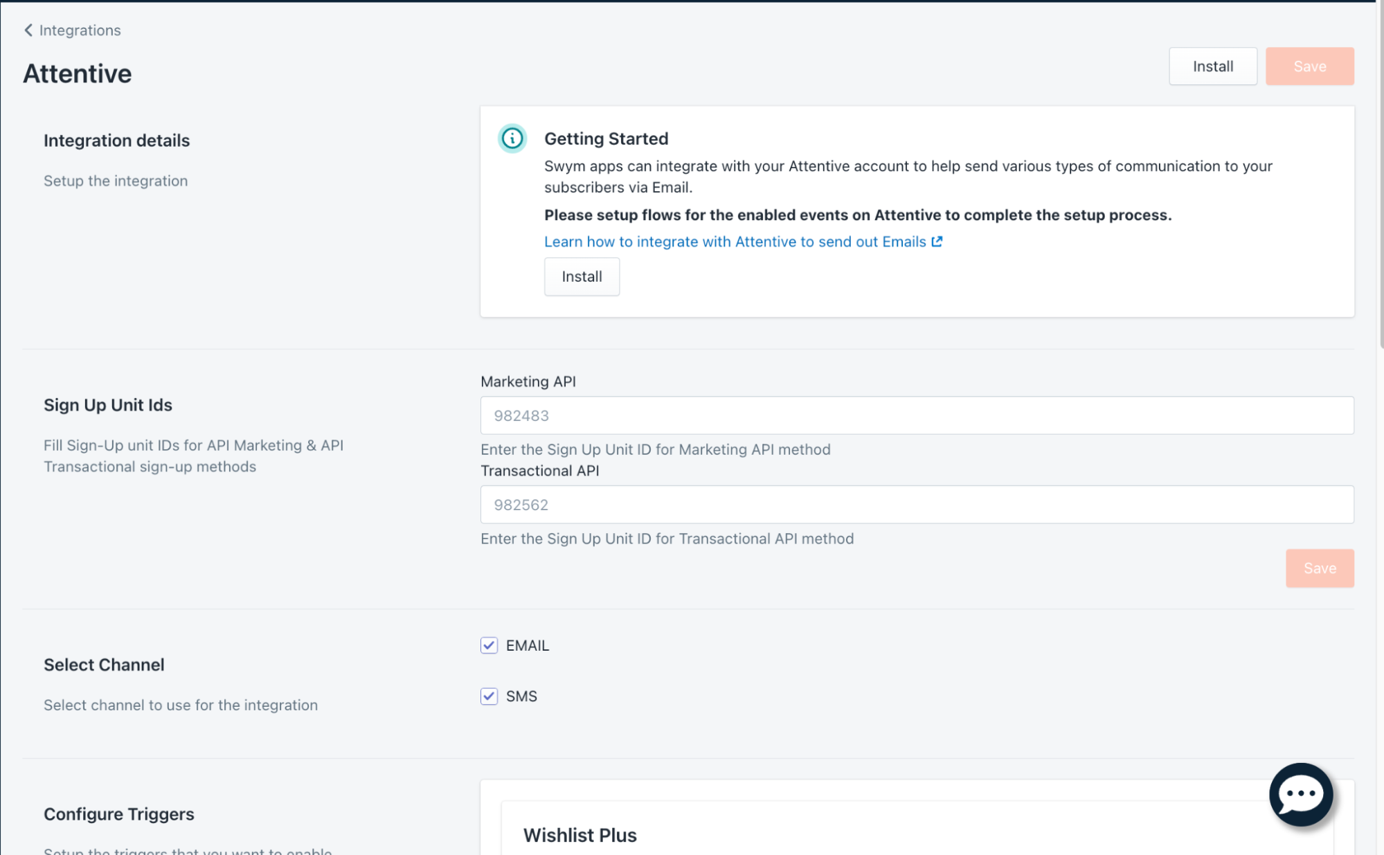 Attentive integration configuration screen in the Swym Admin module, showing the Configure page where you can set up Sign-Up Unit IDs and select channels.