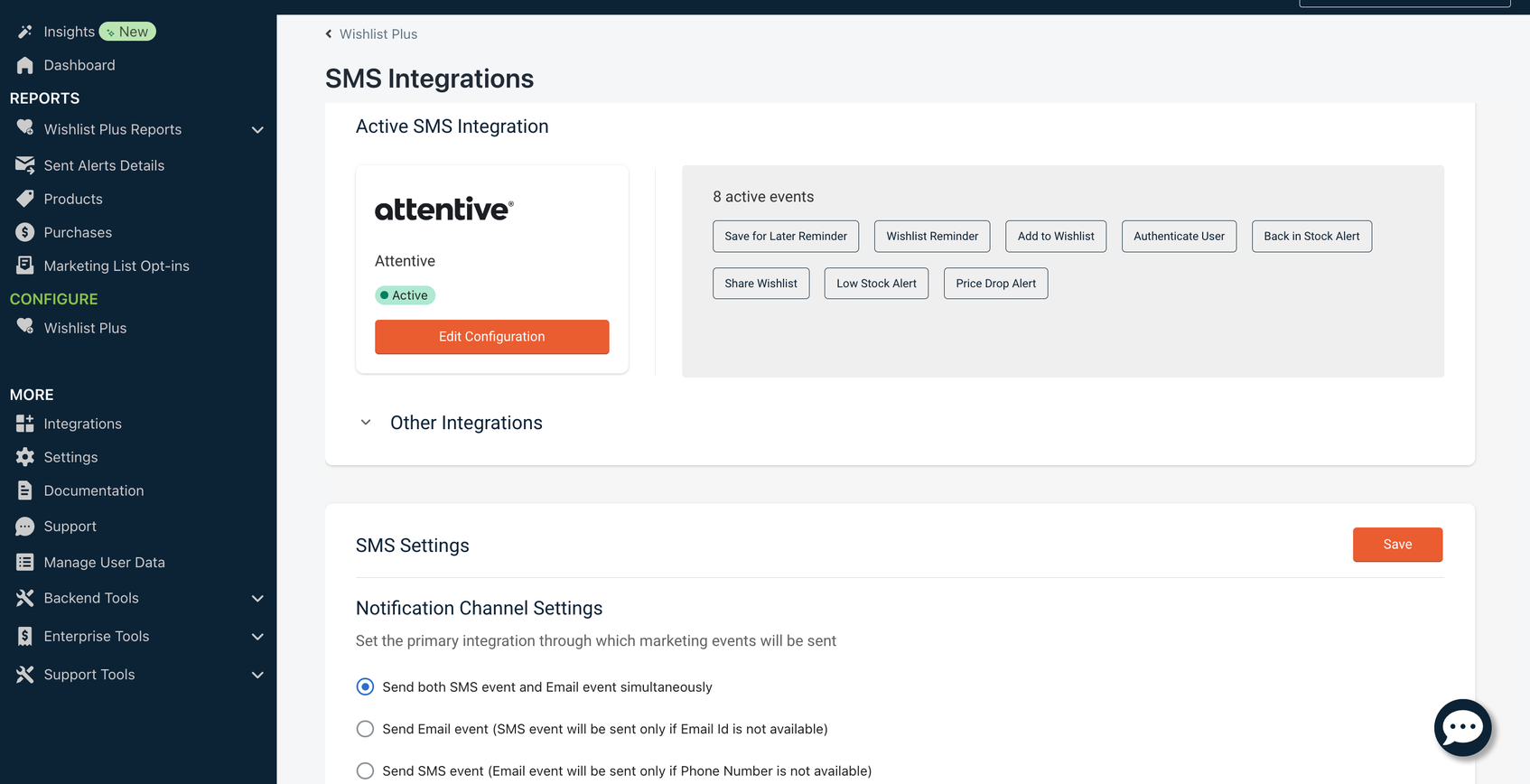Swym SMS Integrations page showing Attentive as an active integration with 8 enabled event types, and notification settings for SMS and email preferences.