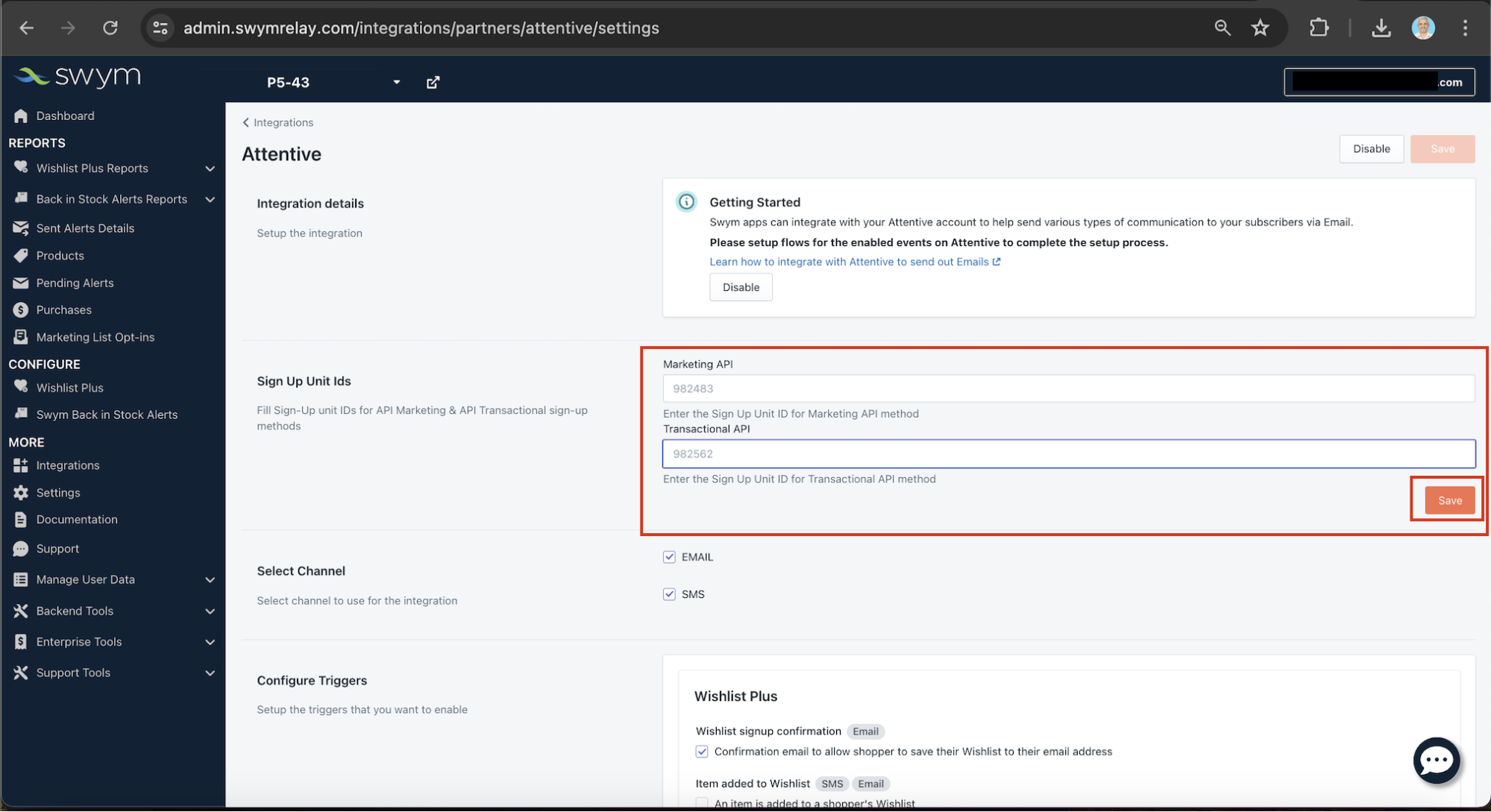 Attentive settings page in Swym Admin showing text fields for entering Marketing API and Transactional API sign-up unit IDs, with a Save button highlighted in red.