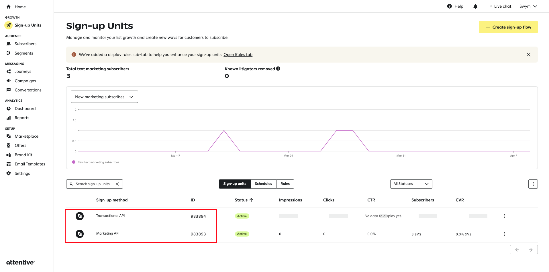 Attentive Sign-up Units page showing the Marketing API and Transactional API units highlighted in red.