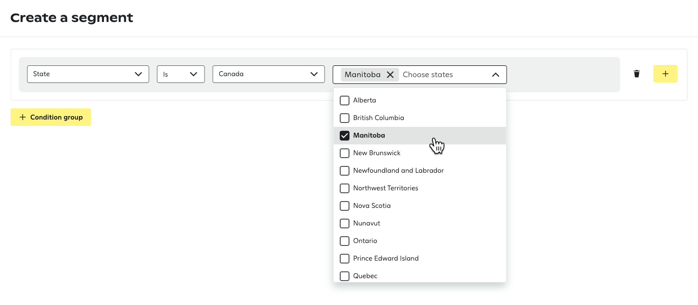 'State' filter dropdown showing Canadian provinces and territories, with 'Manitoba' selected and highlighted with a cursor hover, displaying a list of locations from 'Alberta' to 'Quebec' in alphabetical order.