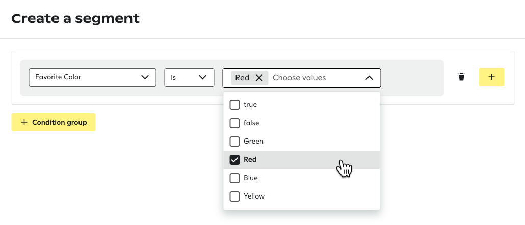 Segment builder showing Favorite Color set to Red, with a Choose values dropdown displaying options including other colors, where Red is selected.