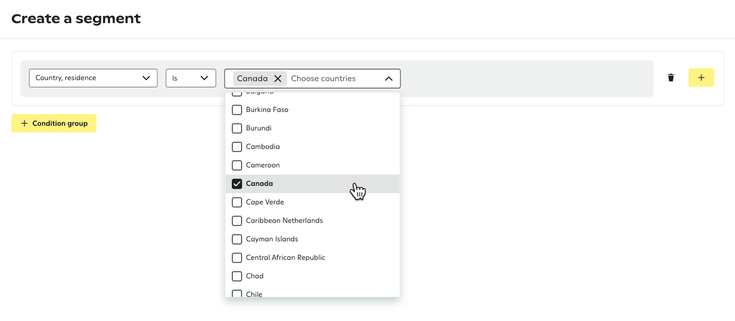 'Country, residence' segment condition with dropdown showing alphabetical list of countries, 'Canada' already selected and highlighted with a cursor hover, and additional countries like 'Burkina Faso' and 'Cambodia' visible in the scrollable list.