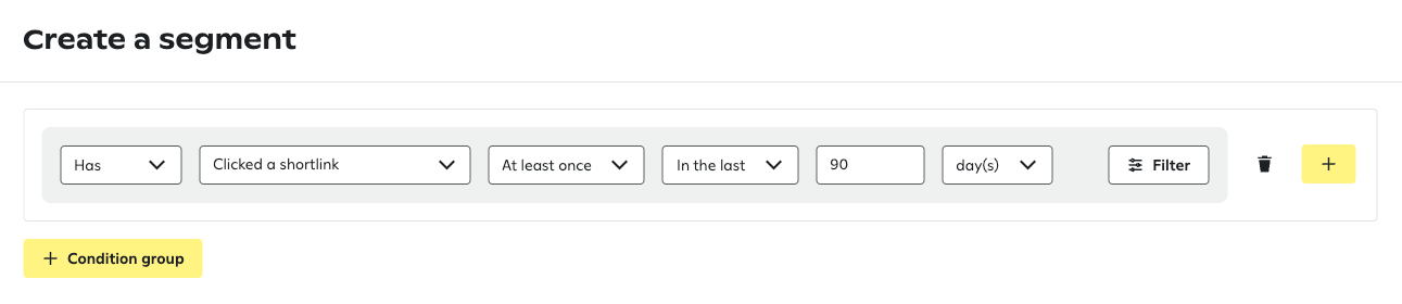 Segment builder showing a Has Clicked a shortlink condition set to At least once in the last 90 days.
